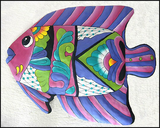 Painted Metal Tropical Fish Wall Hanging - Magenta & Purple - Home Decor -19" x 24"